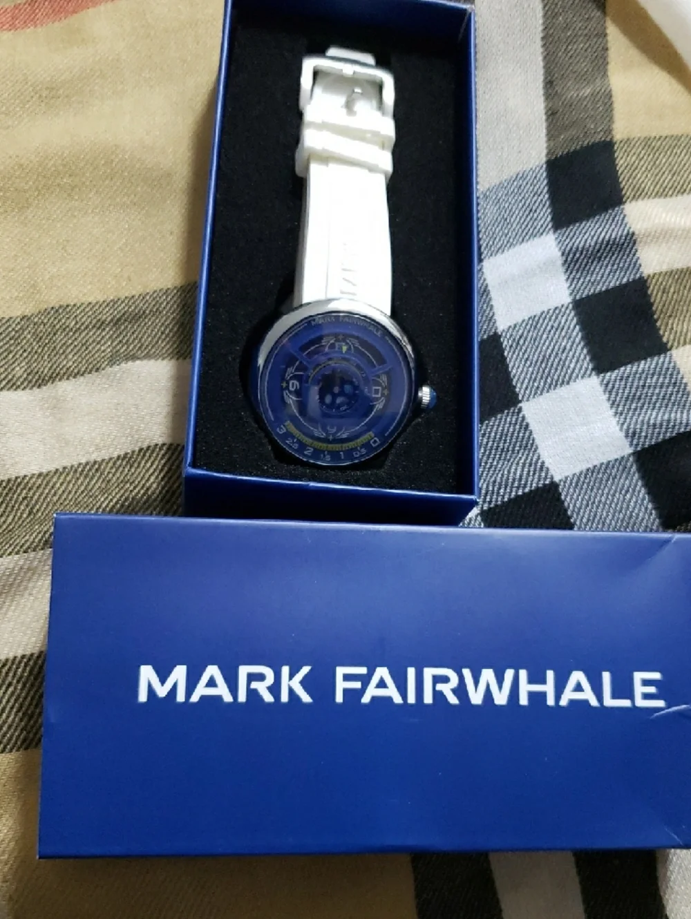 MARK FAIRWHALE Men's Personality Blue Dial Casual Sports Hollow Out White Strap